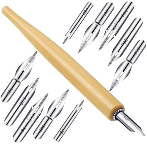 11 Pieces Comic Pen Nib Set, G Ink Pen Nib Stainless Steel Drawing Calligraphy with Wooden Holder for Writing, Painting, Signing(White)