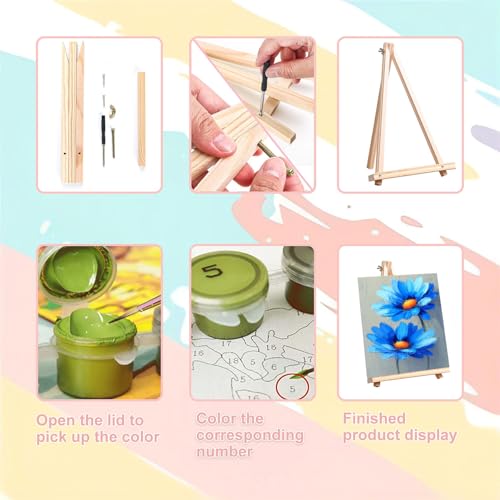 4 Pack Flower Paint by Numbers for Adults with Framed Canvas - Wooden Easel - color: BKH1842+BKH1843+BKH1844+BKH1845