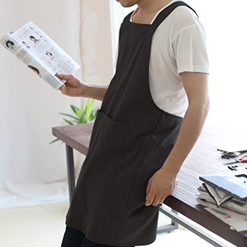 NEWGEM Japanese Cotton Linen Cross Back Cooking Apron for Women Men with Pockets Cute for Baking Kitchen - color: 14 - Men's Black