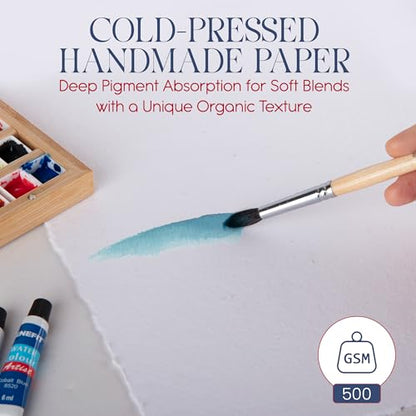 Wanderings Thick Handmade Watercolor Paper with Deckled Edge - 9" x 12" - 500GSM Premium White Cold-Pressed Textured Mixed Media Paper Made with Recycled Cotton - 15 Loose Leaf Sheets - color: White, size: 9x12 inches