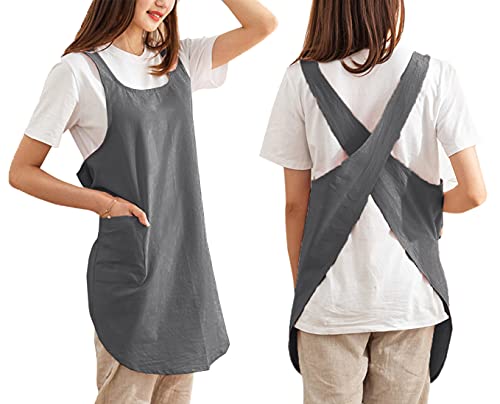 Cotton Cross Back Aprons Solid Color Cooking Kitchen Garden Smock for Women Girls with Pockets - color: Darkgrey