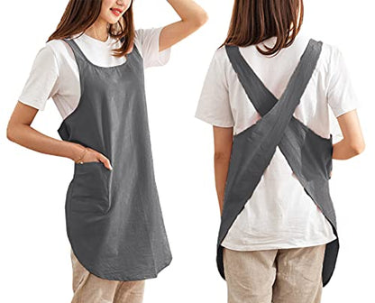 Cotton Cross Back Aprons Solid Color Cooking Kitchen Garden Smock for Women Girls with Pockets - color: Darkgrey