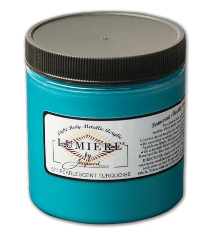 Jacquard Lumiere 8oz Fabric Paint Pearlescent Turquoise - Metallic Paint for Fabric, Leather, Canvas, Paper and Wood - Light-bodied Metallic Acrylic Paint - Lightfast & Vibrant Metallic Acrylic Paints - color: Pearlescent Turquoise, size: 8 Fl Oz (Pack of