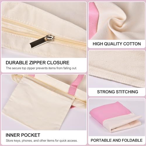 Canvas Tote Bag with Zipper for Women, Halloween Trick or Treat Bags Bulk | 13.8" x 15.3" Fashionable Two-Tone Cotton Tote Bag for Crafts, DIY Your Creative Designs - color: [A2] Beige / Pink