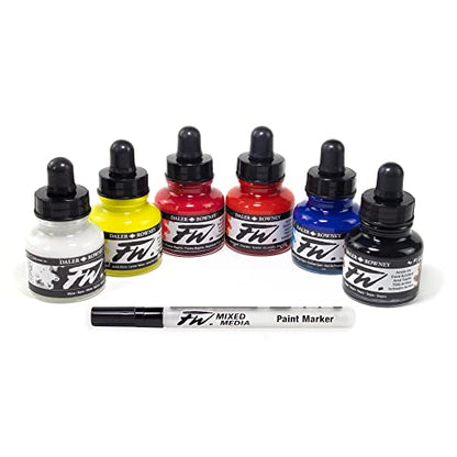 Daler-Rowney FW Acrylic Ink Bottle 6-Color Primary Set with Empty Marker - Acrylic Set of Drawing Inks for Artists and Students - Art Ink Calligraphy Set - Permanent Calligraphy Ink - style: 6 Pack, Primary