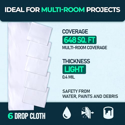 6 Pack 12x9 ft Extra Large Plastic Drop Cloth for Painting | Light grade, 0.4 mil