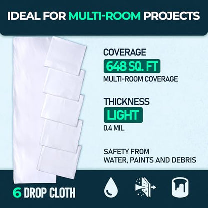 6 Pack 12x9 ft Extra Large Plastic Drop Cloth for Painting | Light grade, 0.4 mil