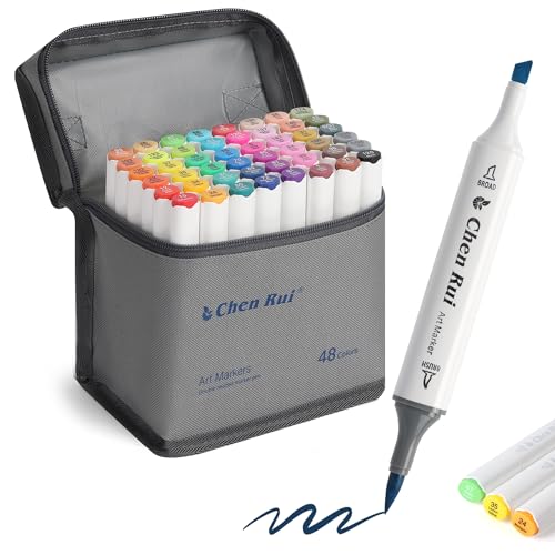 Chen Rui Alcohol Markers Brush & Chisel Tip Double Tipped Art Marker Set for Artist Adults Coloring Illustration Painting Alcohol Based- Refillable (48)