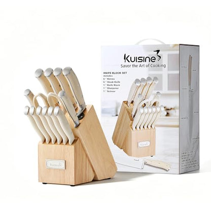 KUISINE Chef Knife Set, High Carbon Stainless Steel Ultra Sharp Blade Ergonomic Handle, Kitchen Knife Block Set with Built-in Sharpener, Elegant Gift for Holiday(15 PCS Pro White) - color: Pro White, size: 15 pieces