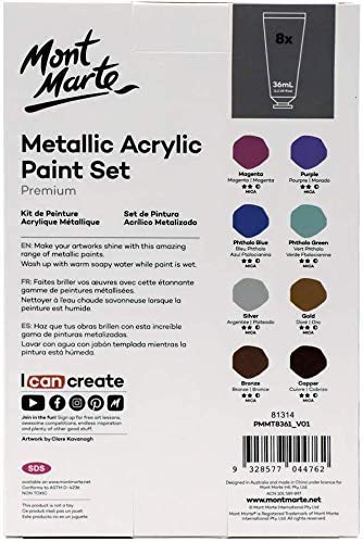Mont Marte Premium Metallic Acrylic Paint Set, 8 x 1.02oz (36ml) Tubes, 8 Colors, Suitable for Most Surfaces Including Canvas, Card, Paper and Wood - size: 1.22 Fl Oz (Pack of 1)
