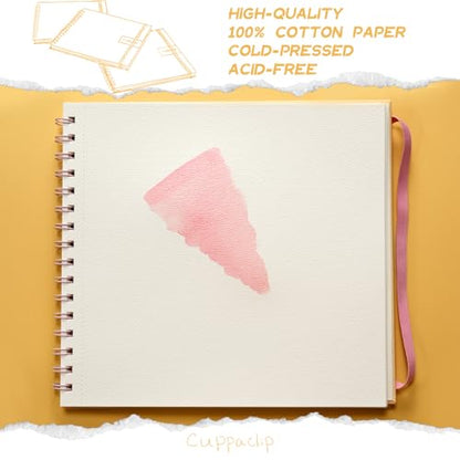 CuppaClip Watercolor Paper 9"x8.5" 300GSM 140LB Spiral Bound Cotton Water Color Pad Cold Press Inner Pocket Art Supplies (Yellow) - color: Yellow