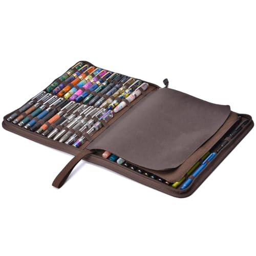 erofa 48 Slots Fountain Pen Case, Brown Water Resistant Canvas Pen Holder Display Pouch Storage Large Capacity Bag - color: Brown-Canvas