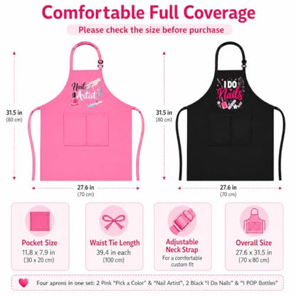 4 Pack Funny Nail Tech Aprons for Women, Waterproof Smocks with Pockets | Four fun nail artist aprons with adjustable neck straps and 2 roomy pockets for salons, beauty schools and home manicures