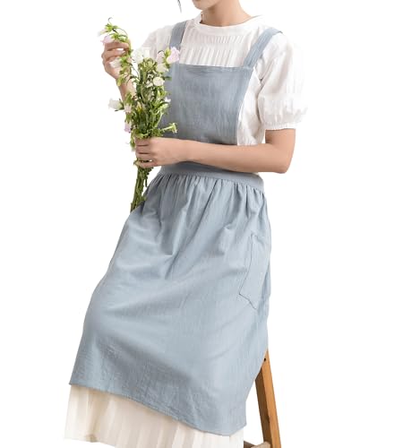 KITCHIEF Cotton Linen Pinafore Dress Cute Apron for Women with Pockets Art Vintage Aprons for Kitchen Baking Gardening - color: Light Blue