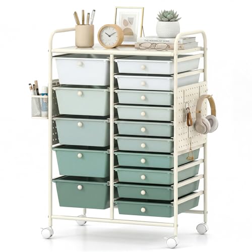 GOFLAME 15-Drawer Rolling Storage Cart with Pegboard, Craft Storage Cart with Lockable Wheels and Metal Frame, Art Cart Supply Storage Organizer for Home Office Classroom, Green Gradient - color: Green Gradient, size: 15-drawer with Pegboard-25"x14.5"x34.