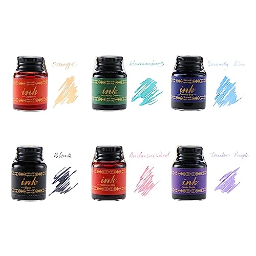 VANGOAL 6 Colors Ink Set, 6 Bottles Writing/Drawing Ink Black,Blue,Purple,Orange,Red Green Ink for Fountain Pen, Glass Pen, Calligraphy Dipping Pen, Feather Pen, Quill Pen, Witch Pen