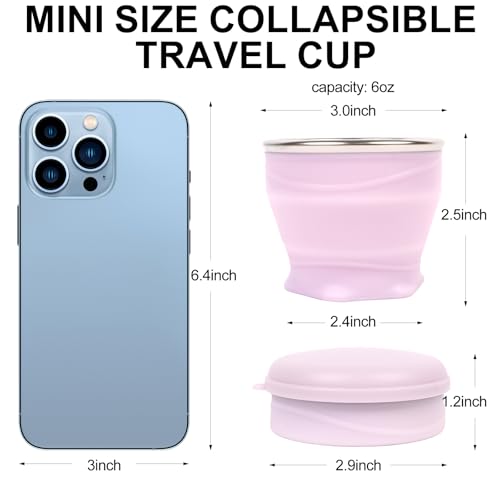 Collapsible Cup with Lid - 6oz Mini Silicone Folding Travel Cup with Steel Rim - BPA Free Small Portable Pocket Cup for Camping, Hiking, Kids, Mouthwash & Pills (Light purple) - color: Light Purple