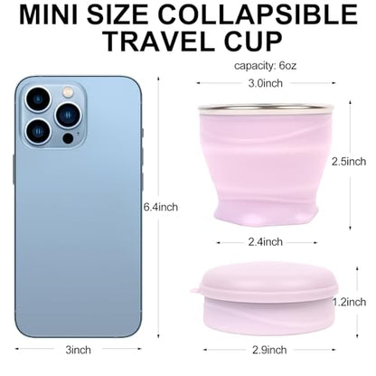 Collapsible Cup with Lid - 6oz Mini Silicone Folding Travel Cup with Steel Rim - BPA Free Small Portable Pocket Cup for Camping, Hiking, Kids, Mouthwash & Pills (Light purple) - color: Light Purple