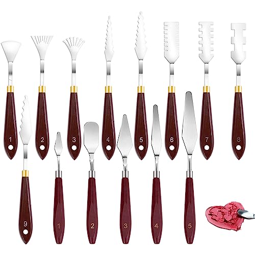 14Pcs Palette Knife Set, FHDUSRYO Stainless Steel Painting Knife, Painting Spatula Pallet Knives with Wood Handle, Oil Painting Accessories for Color Mixing, Oil, Canvas, Acrylic Painting