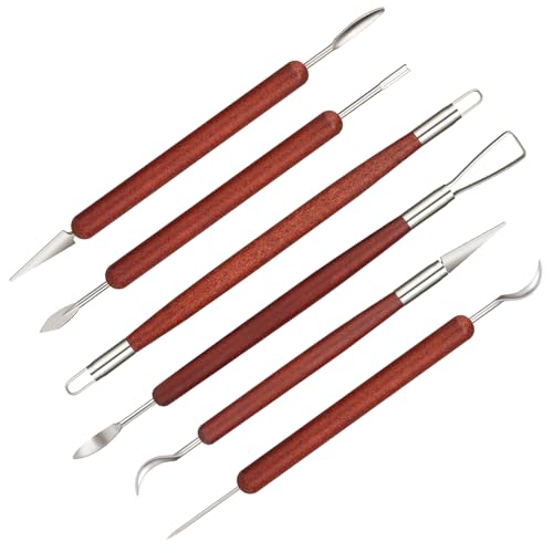 Amrules 6 Pcs Double-Ended Clay Carving Tools Set for Adults, Red | Double-Ended Stainless Steel Tips, Smooth Wood Handles, 12 Shapes for Shaping, Smoothing & Detailing, Ideal for All Levels - color: Red-Sculpting-6Pcs