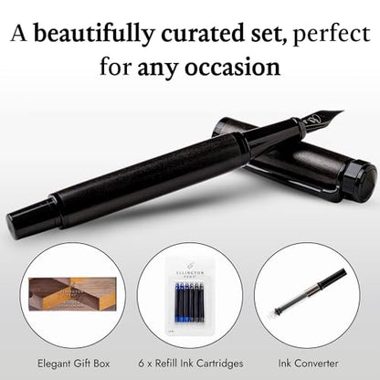Ellington Pens Luxury Wood Fountain Pen Set – Fine Nib - Includes 6 Ink Cartridges, Wooden Pen Gift Box, Ink Converter - Wood Pen For Writing, Calligraphy, Journaling, Drawing (Ebon Elegance) - color: Ebon Elegance, style: Fine