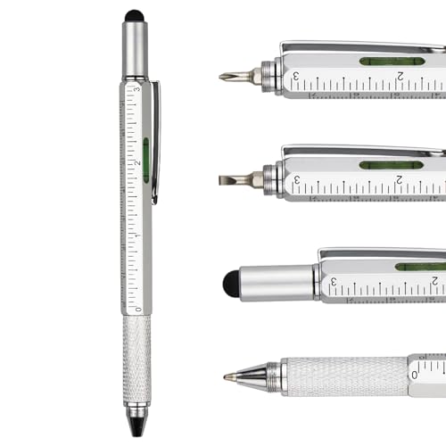 DUNBONG 6-in-1 Multi Pen, Stylus/Screwdriver, 0.7mm Black - Silver | Aluminum prismatic non-slip grip | Rotary no-cap design | Ruler & level built-in | Refillable | Long-lasting clip - color: Silver