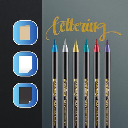 edding 1340 Metallic Brush Pen - Set of 6 pens - Flexible Brush Nib 1-6 mm - Glitter Metallic Marker for Lettering, Drawing and Sketching - high opcaity Even on Darker Paper - color: 27: Set of 6 - Metallic