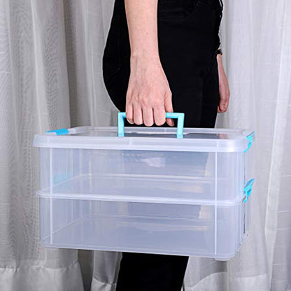 JUXYES 2-Tiers Plastic Stack Carry Storage Containers Box wih Handle Lids - color: Blue