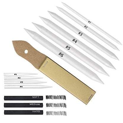 CAMATTO 14 PCS Blending Stumps and Tortillions Paper Art Blenders | Sandpaper Pencil Sharpener Pointer, Compressed Charcoal Sticks, For Student Artist Sketch Drawing Shading - size: 14 Pcs Set