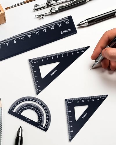 Geometry Ruler Set for Students, Metric Measurement 4-Piece Metal Math Drafting Kit with Non-Slip Design 15 cm Straightedge Ruler, 180° Protractor & 2 Triangles for School Kids (Black) - color: Black