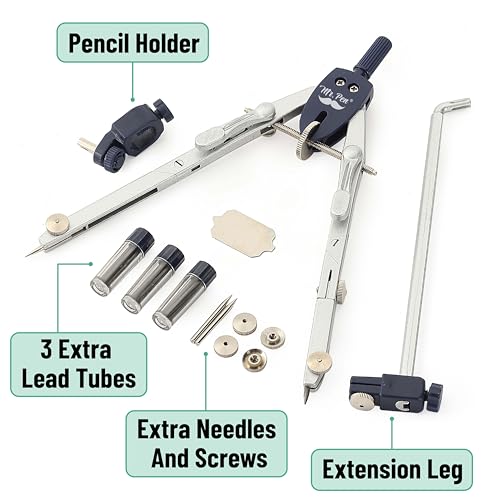 Mr. Pen- Professional Metal Compass Set, 7 pcs | Precision Drafting Compass with Extension Leg, Pencil Holder, Extra Lead & Needles, Geometry Tool for Drawing Circles, Math - style: Compass with Wheel and Lock