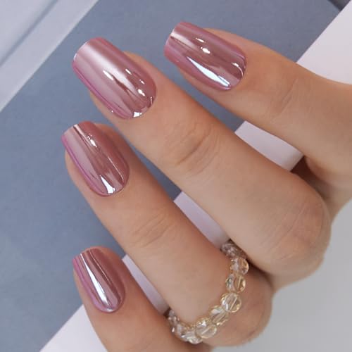 CurvLife Medium Coffin Chrome Press On Nails, Rose Mirror Gold Pink | 32PCS 16 Sizes, Salon-Quality Natural Fake Nails, Curved Fit, 7-14 Day Glue-On Wear, Reusable Stick-On Nails, Press-On Kit - color: Pink glitter
