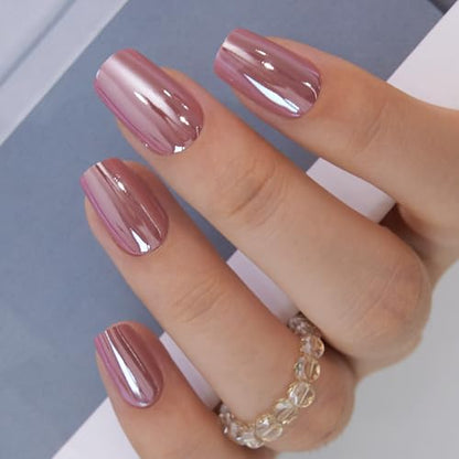 CurvLife Medium Coffin Chrome Press On Nails, Rose Mirror Gold Pink | 32PCS 16 Sizes, Salon-Quality Natural Fake Nails, Curved Fit, 7-14 Day Glue-On Wear, Reusable Stick-On Nails, Press-On Kit - color: Pink glitter