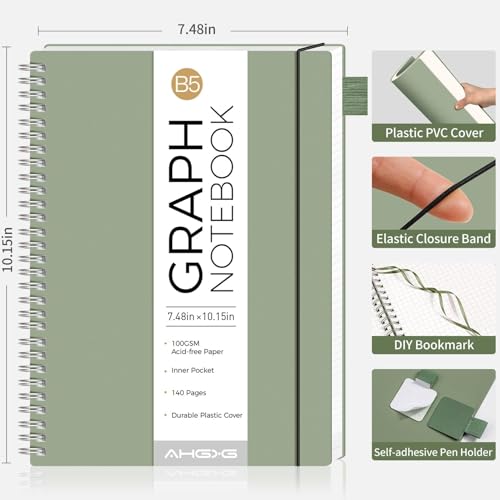 AHGXG Spiral Graph Paper Notebook, 140 Pages, B5 (7.6" x 10") | 100 gsm Thick Grid Paper, Waterproof Plastic Cover, for School Writing Engineering (Sage Green) - color: Sage Green, style: B5-Graph