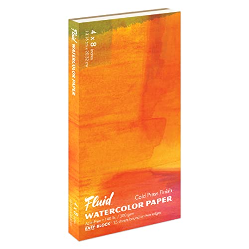 Fluid Watercolor Paper Block, 4 x 8 inches, 15 Sheets, 140 lb (300 GSM) Cold Press Pad for Artist Painting and Wet Media - size: 4 x 8 Block
