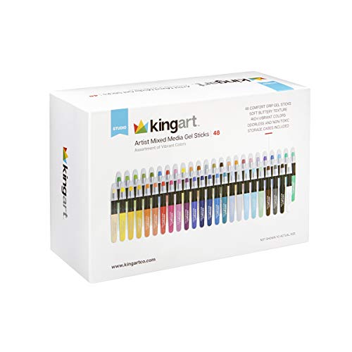 KINGART Mixed Media Gel Stick Crayons, Vibrant, Set of 48-Colors | Water-Soluble Gel Crayons, Smooth Blend, Works on Paper, Wood & Canvas, Odorless, Non-Toxic, Storage Case Included