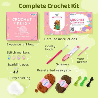 Mewaii Capybara Crochet Kit for Beginners, 40% Extra Yarn - color: Brown and Dark Green