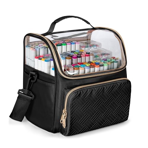 Rexmica Large Marker Organizer Case Storage Bag for 180 Marker Pens, Black | Sloped Dividers, Shoulder Strap, 4 Pockets, for Paint Markers, Paint Brushes, Colored Pencils, Art Supplies, Patented Design - color: Black
