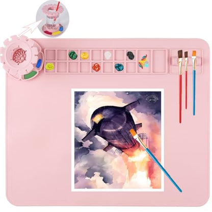 Silicone Craft Mat,20"x 16" Painting mat Palette for Resin Casting Mold Mat, Nonstick Craft Sheet with Removable Cleaning Water Cup for Painting, Clay, Art, DIY Projects (Pink) - color: Pink