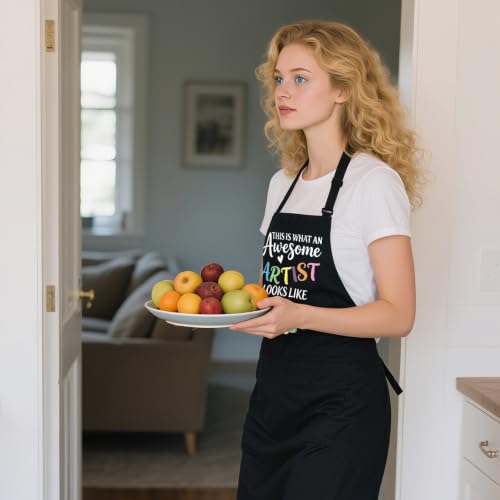 Funny Apron for Women with 2 Pockets, Adjustable Kitchen Apron for Cooking Baking Gifts for Mom Wife Birthday - color: Black-this is What an Awesome Artist Looks Like