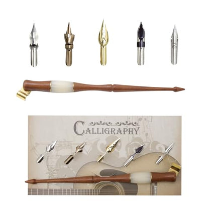 Wood Calligraphy Oblique Dip Pen Holder Set | Removable Nib Pen Handle with 5 Nibs for English Calligraphy Drawing Comic, Brown - color: Brown