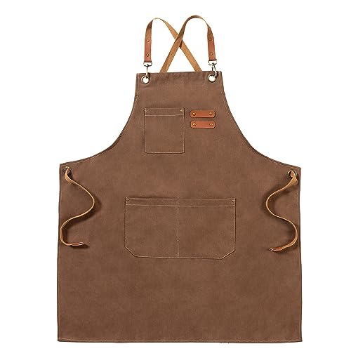 Chef Canvas Aprons with 3 Large Pockets Adjustable Strap for Men Women - color: Brown