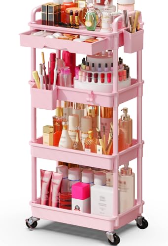 SUNALLY Makeup Cart Organizer with Drawer, 4 Tier Rolling Makeup Cart, Pink - color: Pink, size: 4 Tier