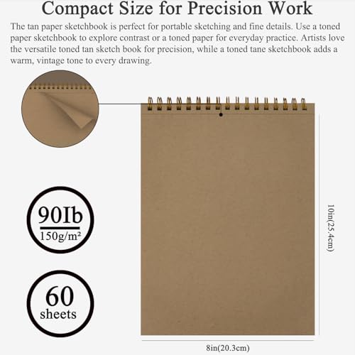 Fuxi Toned Sketchbook 8x10, 60 Sheets Spiral Bound Artist Sketch Pad - Perfect Art Gift for Artists, Students & Professionals. - color: Toned Tan, size: 10" x 8" (Pack of 1)