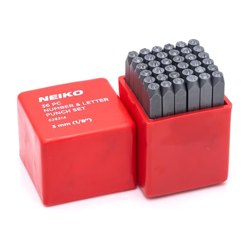 NEIKO 02631A Number and Letter Punch Set with Heat-Treated Steel Punches, Imprinting & Arts and Crafts, 1/8" (3 MM) Shaft, 36 Pc Stamp Set, Uppercase Letter & Number Punch Set (A-Z / 0-8 / "&") - size: 3mm - 1/8"