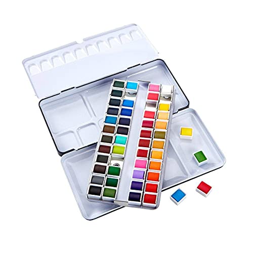 KINGART PRO Artist, Tin Box with Water Brush Watercolor Half-Pans, 48 Vibrant Colors Piece