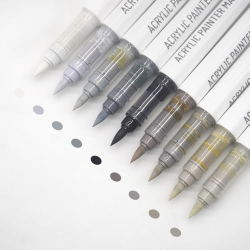 Water Based Acrylic Paint Markers Gray, 9 Colors Paint Pen Set | Gray Brown Series, Soft Brush Tip, Smooth Writing, Marker Pen for Rock Painting, Egg, Wood, Glass, Mugs, Black Paper - color: Gray Brown Series