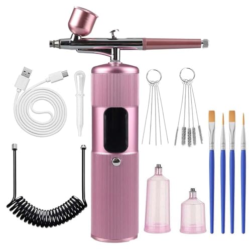Airbrush Kit with Compressor, 48 PSI High Pressure Cordless Airbrush Gun, Portable Dual Action Airbrush Compressor Set, Handheld Mini Rechargeable Air Brushes for Painting, Model, Nail, Makeup - color: 48psi-pink