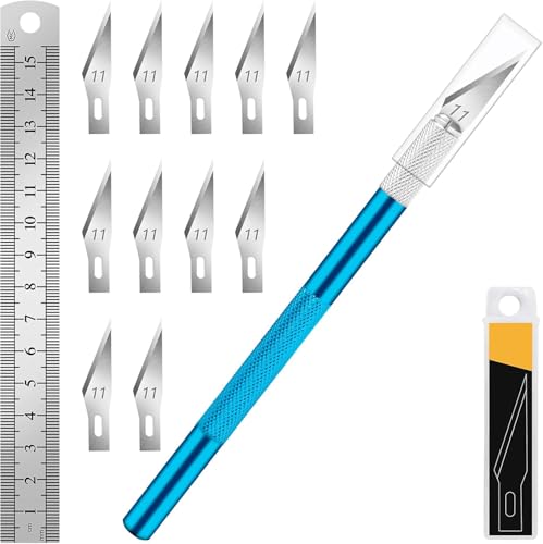 DIYSELF Precision Craft Knife with 10 Extra #11 Blades, 6-Inch Metal Ruler | Hobby Knife with Blades for Paper, Vinyl, Polymer Clay, Pottery & Models, Exacto Knife for Crafting, Crafters, Blue - color: Blue