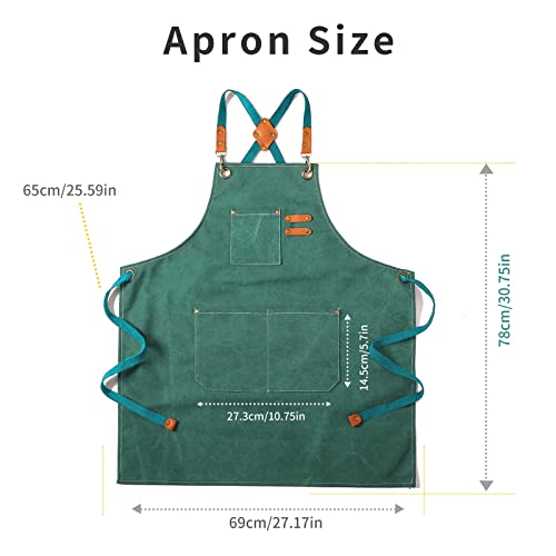 Tosewever Canvas Cross Back Chef Cotton Aprons for Men Women with Large Pockets - color: Green